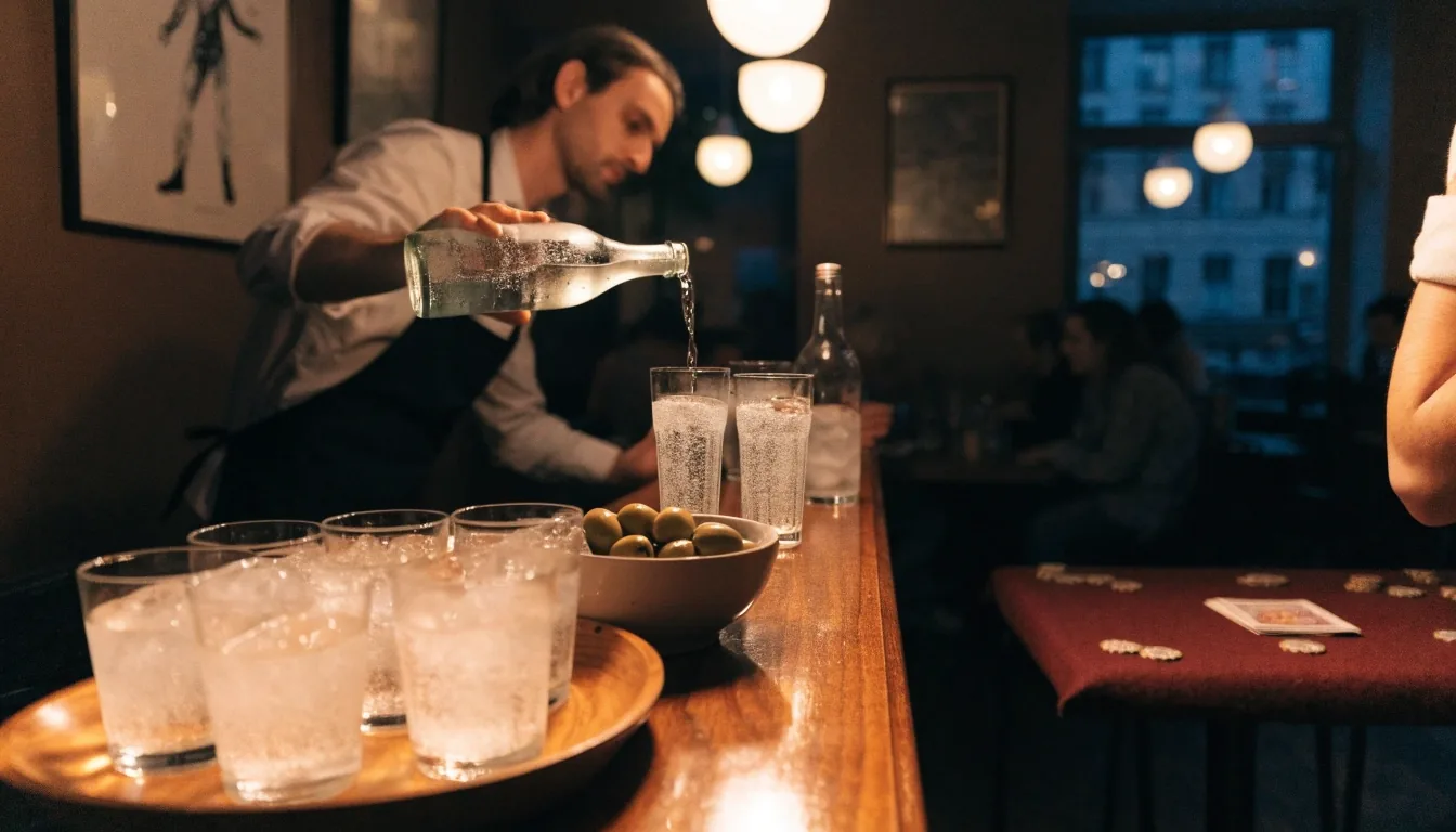 Restaurace Bílá Dolina v noci — prosklené okno s teplým světlem lamp, za ním herna s hracím stolem a žetony