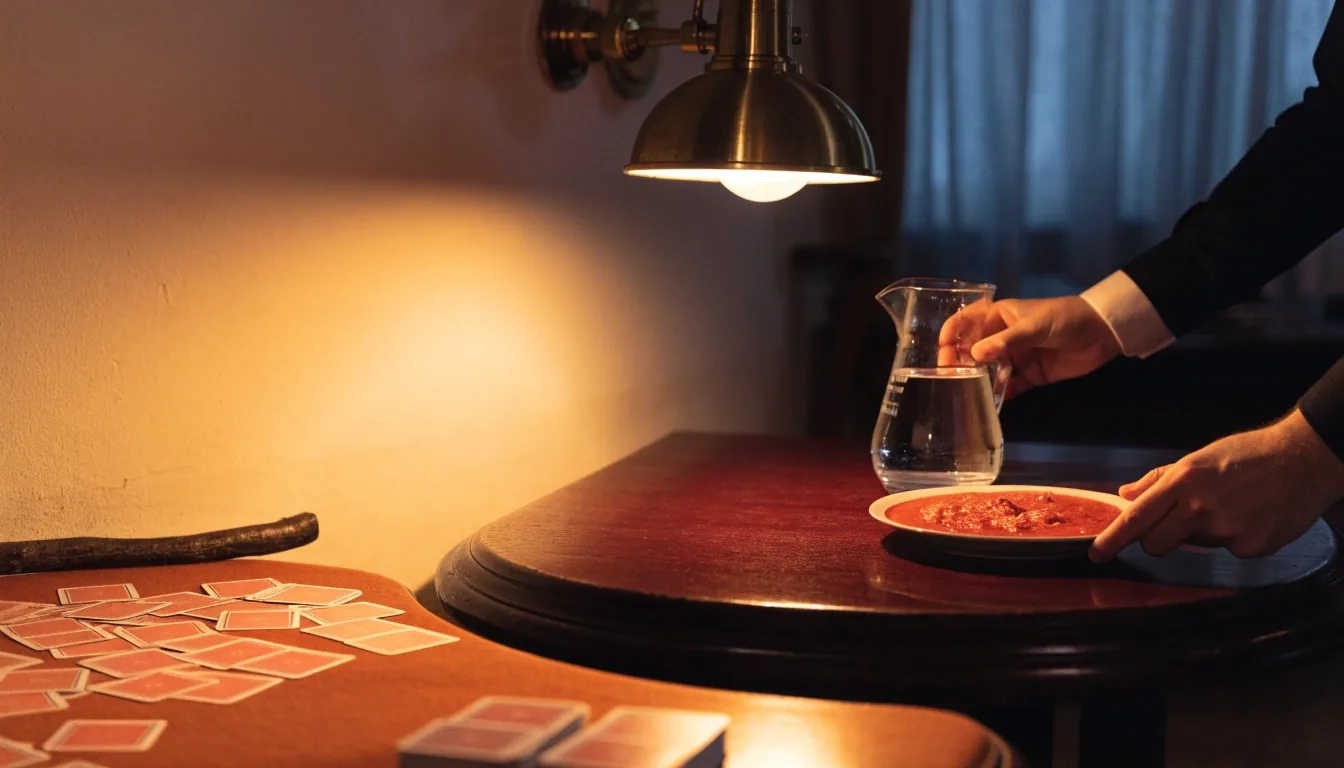 Tmavý interiér restaurace s hernou — teplá lampa nad dubovým stolem, v pozadí hrací stůl s žetony