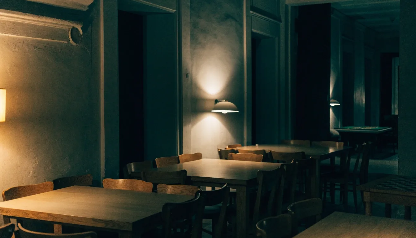 Tmavý interiér restaurace s odloženým hracím stolem vzadu, osvětlený jen teplými lampami